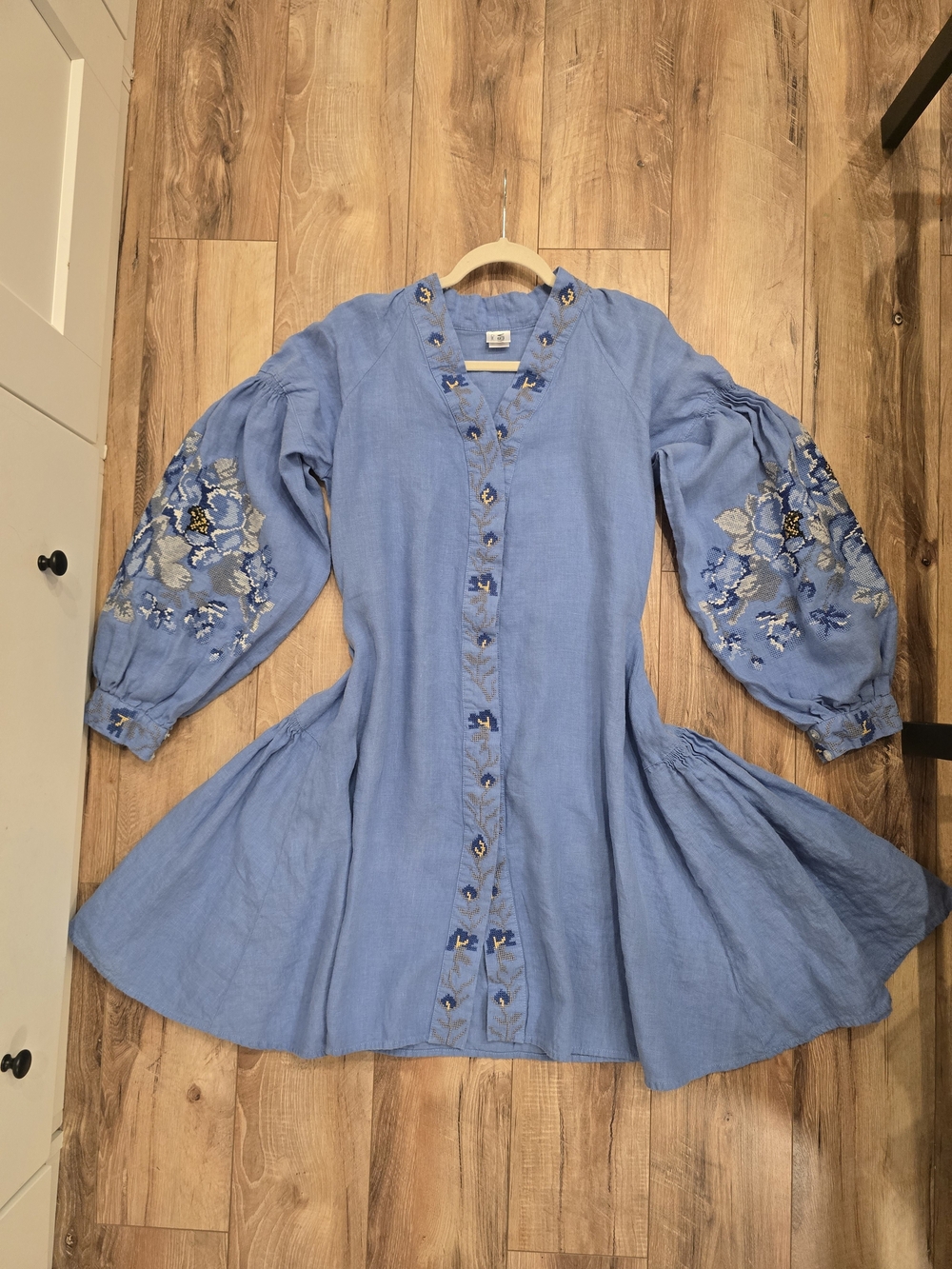 Light Blue Embroidered Midi Dress with Balloon Sleeves
